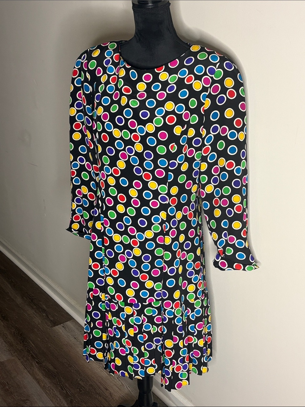 Vintage SCAASI Women’s Black Long Sleeve Polka Dot Dress with Multicolor Dots